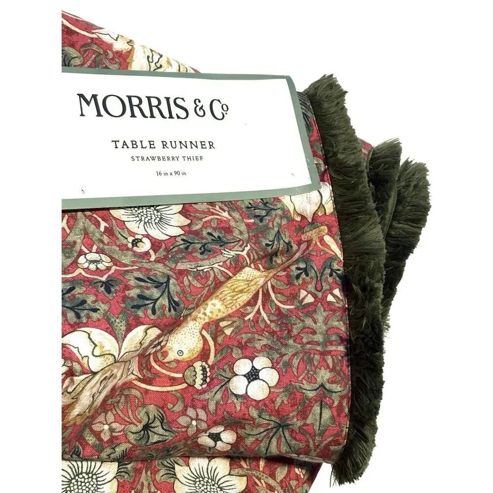 William Morris & Co Strawberry Thief Table Runner Red Olive Green Fringe 16x90”